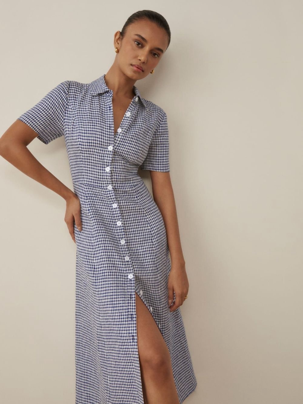 Reformation Blue & White Gingham Marianne Linen Button Front Midi Dress - US 8